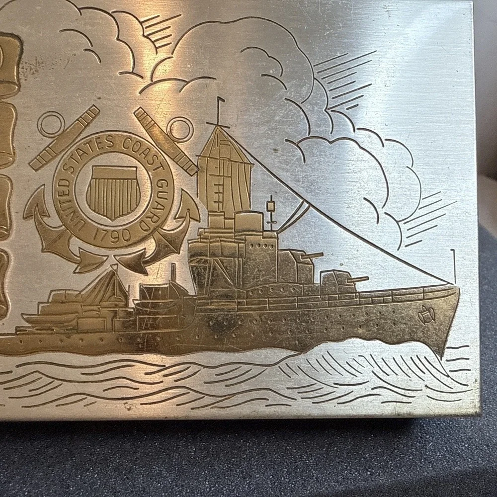 WWII US Coast Guard Sweetheart Metal Brass Tabletop Dresser Box Ball Feet Plated